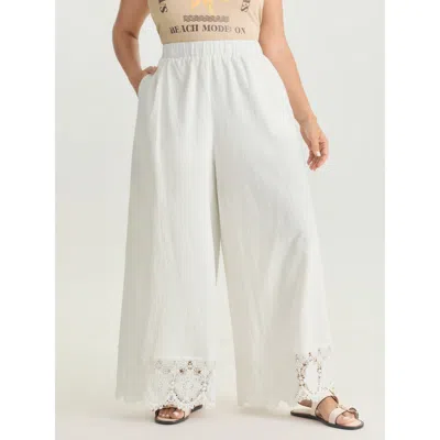 Bloomchic Women's Plus Size Cotton Scalloped Lace Hem Flared Pants Originalwhite Else Wide Leg Mid Rise Vacati