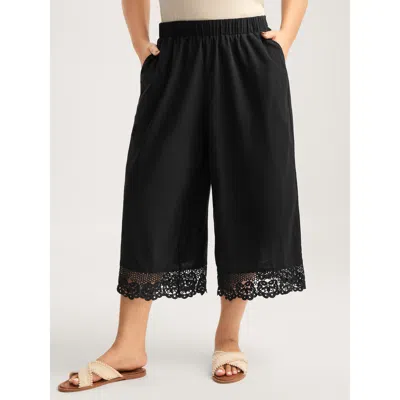 Bloomchic Women's Plus Size Cotton Scalloped Lace Hem Wide-leg Pants Black Solid Wide Leg Mid Rise Vacation 10