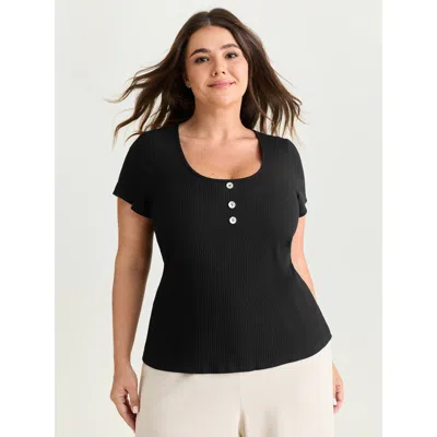 Bloomchic Women's Plus Size Cotton Scoop Neck Curvy-fit T-shirt Pureblack Solid Casual Short Sleeve U-neck 14-