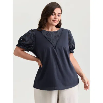 Bloomchic Women's Plus Size Cotton Sheer Floral Cut-out Embroidered Blouse Darkblue Synthetic Texture Elegant  In Blue