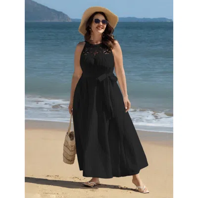 Bloomchic Women's Plus Size Cotton Sheer Lace Neckline Waist-tie Maxi Dress Black Non Maxi Vacation 10/m