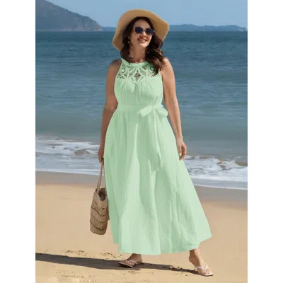 Bloomchic Women's Plus Size Cotton Sheer Lace Neckline Waist-tie Maxi Dress Mint Non Maxi Vacation 12/l In Green