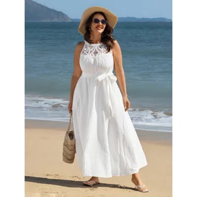 Bloomchic Women's Plus Size Cotton Sheer Lace Neckline Waist-tie Maxi Dress Originalwhite Non Maxi Vacation 14