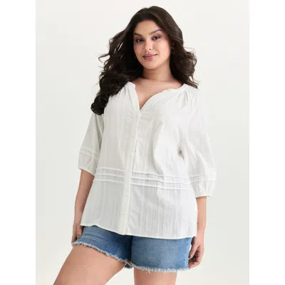Bloomchic Women's Plus Size Cotton Sheer V Neck Button Down Shirt Originalwhite Casual 3/4 Sleeve V-notch Neck