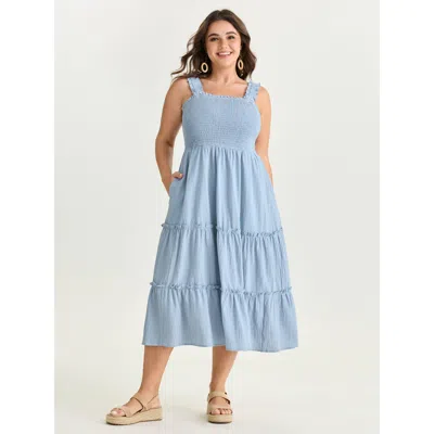 Bloomchic Women's Plus Size Cotton Shirred Bodice Ruffled Straps Plain Maxi Dress Lightblue Solid Maxi Vacatio In Blue