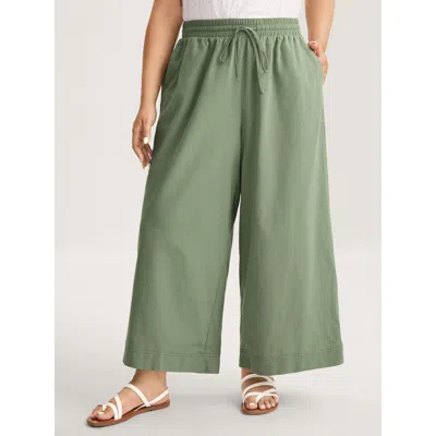 Bloomchic Women's Plus Size Cotton Shirred Drawstring Solid Wide-leg Pants Mint Solid Wide Leg Mid Rise Casual In Green