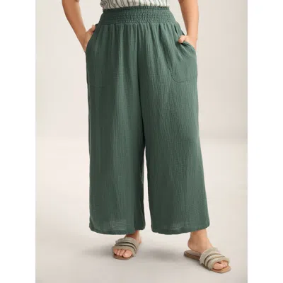 Bloomchic Women's Plus Size Cotton Shirred Textured Wide-leg Pants Teal Solid Straight Fit High Rise Vacation  In Blue