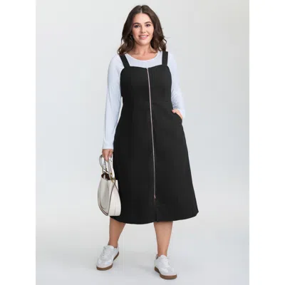 Bloomchic Women's Plus Size Cotton Shirred Zipper-front Midi Dress Black Solid Midi Casual Smocked 22-24/3x