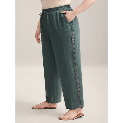 Bloomchic Women's Plus Size Cotton Side Lace Straight-fit Plain Pants Darkslategray Non Straight Fit Mid Rise 