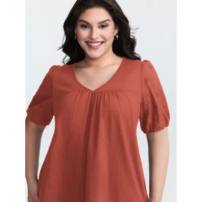 Bloomchic Women's Plus Size Cotton Slub Textured Embroidered Knit Top Orangered Half Sleeve Casual 28/5x