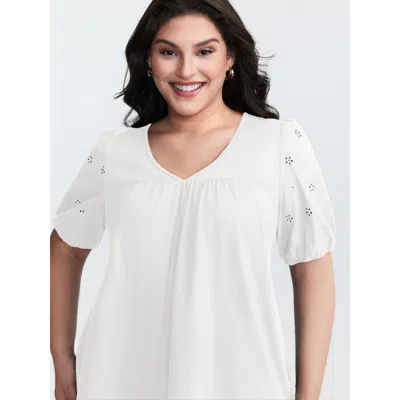 Bloomchic Women's Plus Size Cotton Slub Textured Embroidered Knit Top Originalwhite Half Sleeve Casual 10/m