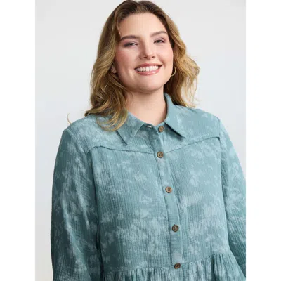 Bloomchic Women's Plus Size Cotton Snowflake Effect Half-placket Blouse Cerulean Non Casual 3/4 Sleeve 10/m In Blue