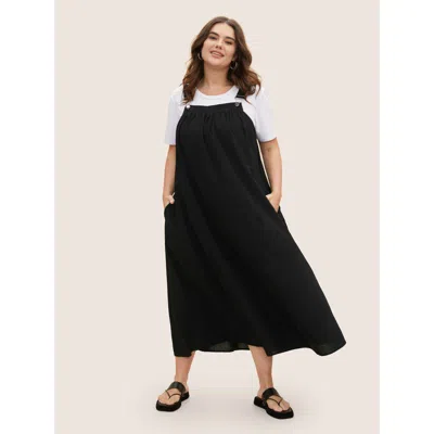 Bloomchic Women's Plus Size Cotton Solid Adjustable Straps Pocket Midi Dress Black Non Midi Casual Gathered 22