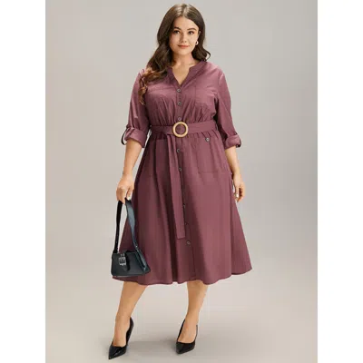 Bloomchic Women's Plus Size Cotton Solid Buckle Detail Pocket Dress Burgundy Office Plain 28/5x