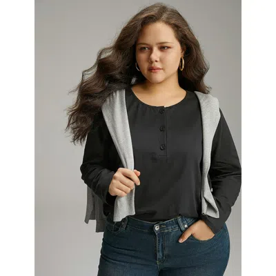 Bloomchic Women's Plus Size Cotton Solid Button Through Arc Hem T-shirt Black Dailywear Long Sleeve 10/m