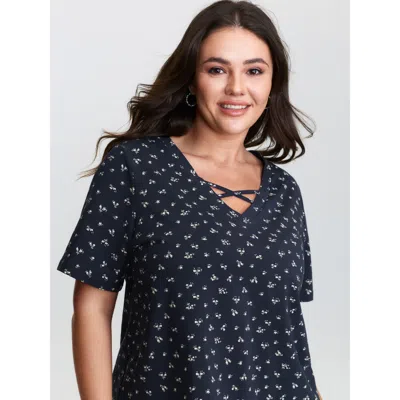 Bloomchic Women's Plus Size Cotton Spring Things Neckline Cut-out T-shirt Midnight Ditsy Floral Casual Short S In Blue