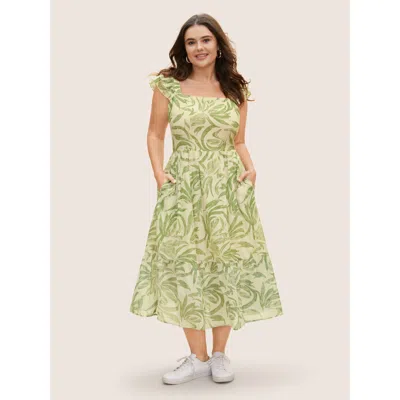 Bloomchic Women's Plus Size Cotton Square Neck Floral Print Tiered Ruffles Dress Lightgreen Tropical Midi Ever