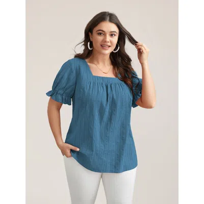 Bloomchic Women's Plus Size Cotton Square Neck Ruffled Sleeve Shirt Aegean Solid Elegant Short Sleeve Square N In Blue