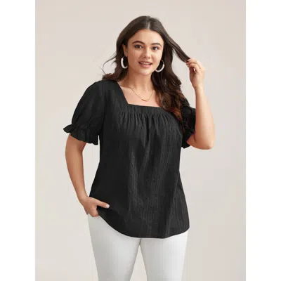 Bloomchic Women's Plus Size Cotton Square Neck Ruffled Sleeve Shirt Black Solid Elegant Short Sleeve Square Ne