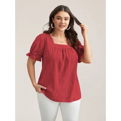 Bloomchic Women's Plus Size Cotton Square Neck Ruffled Sleeve Shirt Crimson Solid Elegant Short Sleeve Square  In Red