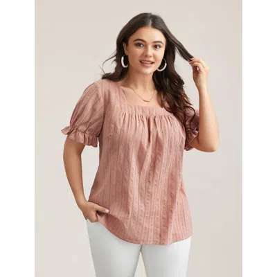 Bloomchic Women's Plus Size Cotton Square Neck Ruffled Sleeve Shirt Dirtypink Solid Elegant Short Sleeve Squar