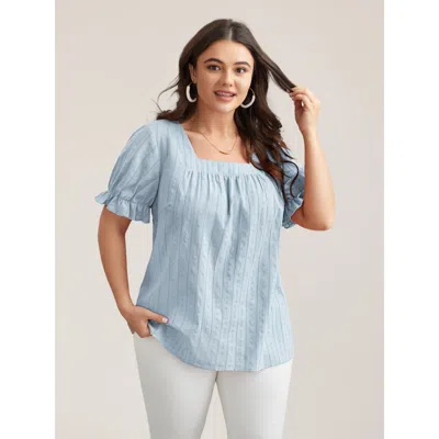 Bloomchic Women's Plus Size Cotton Square Neck Ruffled Sleeve Shirt Lightblue Solid Elegant Short Sleeve Squar In Blue
