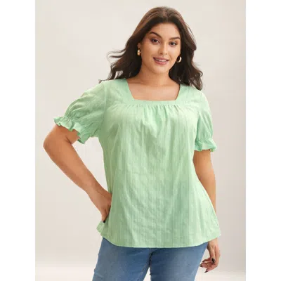 Bloomchic Women's Plus Size Cotton Square Neck Ruffled Sleeve Shirt Lightgreen Solid Elegant Short Sleeve Squa