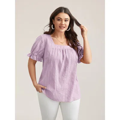 Bloomchic Women's Plus Size Cotton Square Neck Ruffled Sleeve Shirt Lilac Solid Elegant Short Sleeve Square Ne In Purple