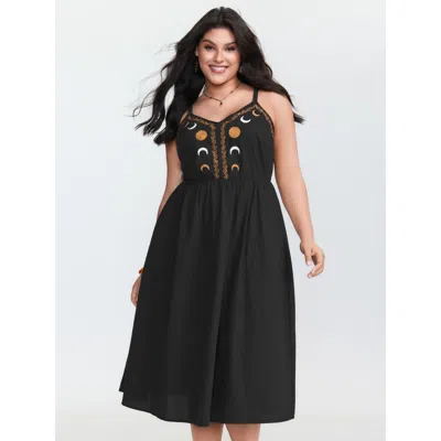 Bloomchic Women's Plus Size Cotton Star Moon Embroidered Shirred Midi Dress Blackflower Stars And Moons Midi V
