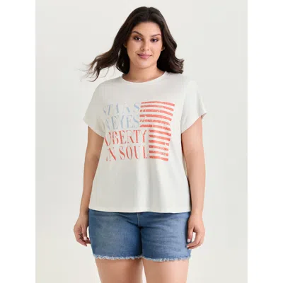 Bloomchic Women's Plus Size Cotton Star Stripes Print Stretchy T-shirt Opticwhite Text / Slogan Casual Short S In White
