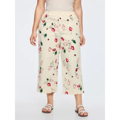 Bloomchic Women's Plus Size Cotton Strawberry Print Straight-leg Pants Beige Fruit Straight Fit Mid Rise Casua In Sand