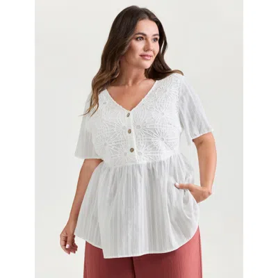 Bloomchic Women's Plus Size Cotton Stretchy Button Detail V-neck Knit Top Whitesmoke Short Sleeve Casual 12/l