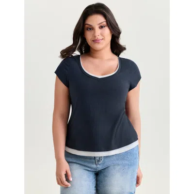 Bloomchic Women's Plus Size Cotton Stretchy Color Contrast Fitted T-shirt Darkblue Solid Casual Short Sleeve S In Blue
