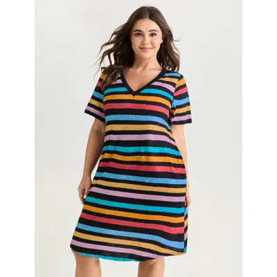Bloomchic Women's Plus Size Cotton Stretchy Colorful Striped V-neckline Midi Dress Black Stripes Knee Length C