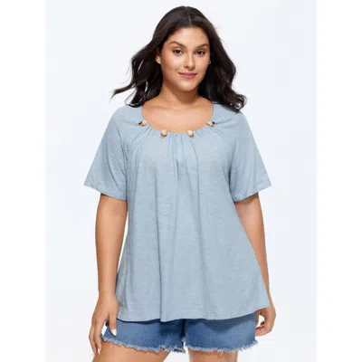 Bloomchic Women's Plus Size Cotton Stretchy Cut-out Beaded Neckline T-shirt Lightblue Solid Casual Short Sleev In Blue