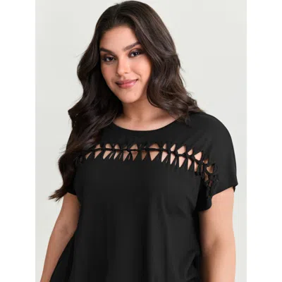 Bloomchic Women's Plus Size Cotton Stretchy Cut-out Neckline Layered T-shirt Black Casual Short Sleeve Round N