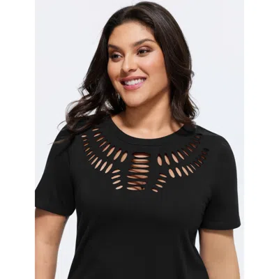 Bloomchic Women's Plus Size Cotton Stretchy Cut-out Neckline Plain T-shirt Black Solid Casual Short Sleeve Rou