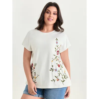Bloomchic Women's Plus Size Cotton Stretchy Floral Embroidered Plain T-shirt Originalwhite Floral Casual Short