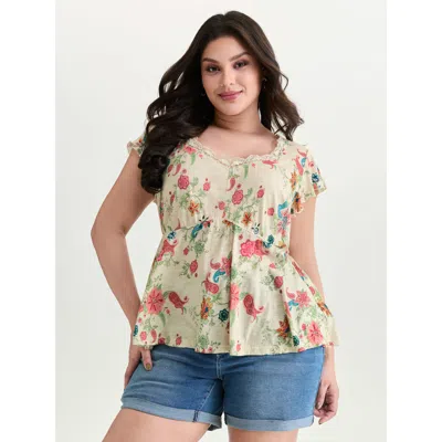 Bloomchic Women's Plus Size Cotton Stretchy Floral Paisley Print Knit Top Beige Short Sleeve Casual Sweetheart In Sand