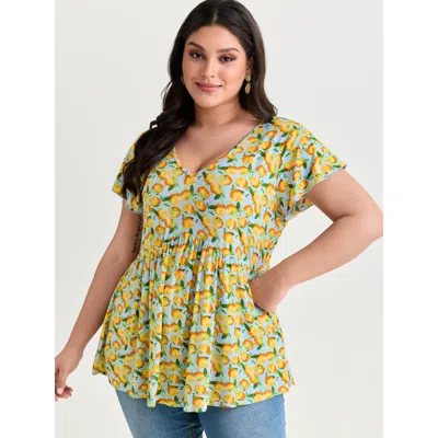 Bloomchic Women's Plus Size Cotton Stretchy Floral Print V-neckline Knit Top Lightblue Short Sleeve Elegant V- In Blue