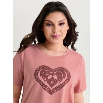 Bloomchic Women's Plus Size Cotton Stretchy Heart Print T-shirt Dustypink Heart Casual Short Sleeve Round Neck In Pink