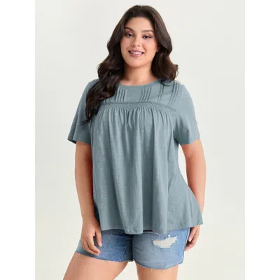 Bloomchic Women's Plus Size Cotton Stretchy Lace Trim Flowy T-shirt Stone Solid Casual Short Sleeve Round Neck In Gray