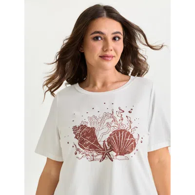 Bloomchic Women's Plus Size Cotton Stretchy Starfish Print Round Neck T-shirt Opticwhite Solid Casual Short Sl In White
