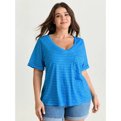 Bloomchic Women's Plus Size Cotton Stretchy Striped Print V-neck T-shirt Skyblue Stripes Casual Cap Sleeve V-n In Blue