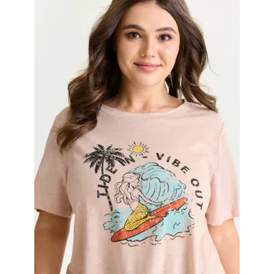 Bloomchic Women's Plus Size Cotton Stretchy Surf's Up Long T-shirt Nudepink Marine Elements Casual Short Sleev