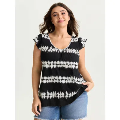 Bloomchic Women's Plus Size Cotton Stretchy Tie-dye Effect Stripes Knit Top Black Cap Sleeve Casual V-neck 22-