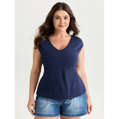 Bloomchic Women's Plus Size Cotton Stretchy V-neck T-shirt Indigo Solid Casual Cap Sleeve V-neck 12/l In Purple