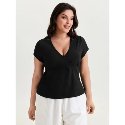 Bloomchic Women's Plus Size Cotton Stretchy V-neckline Plain T-shirt Black Solid Casual Short Sleeve Plunge Ne