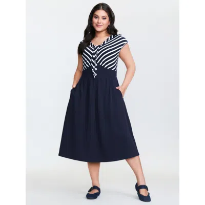 Bloomchic Women's Plus Size Cotton Striped Button Detail Pockets Midi Dress Darkblue Stripes Midi Elegant Tie  In Blue