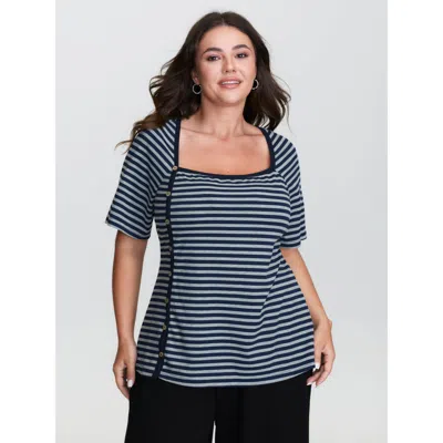 Bloomchic Women's Plus Size Cotton Striped Color Contrast Slit T-shirt Indigo Stripes Casual Short Sleeve Squa In Purple